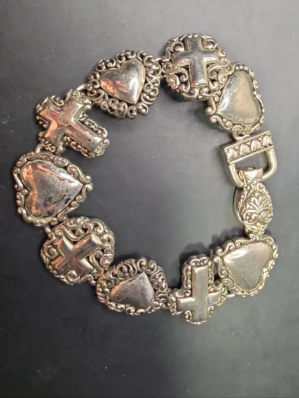 Silver-Tone Heart & Cross Link Bracelet